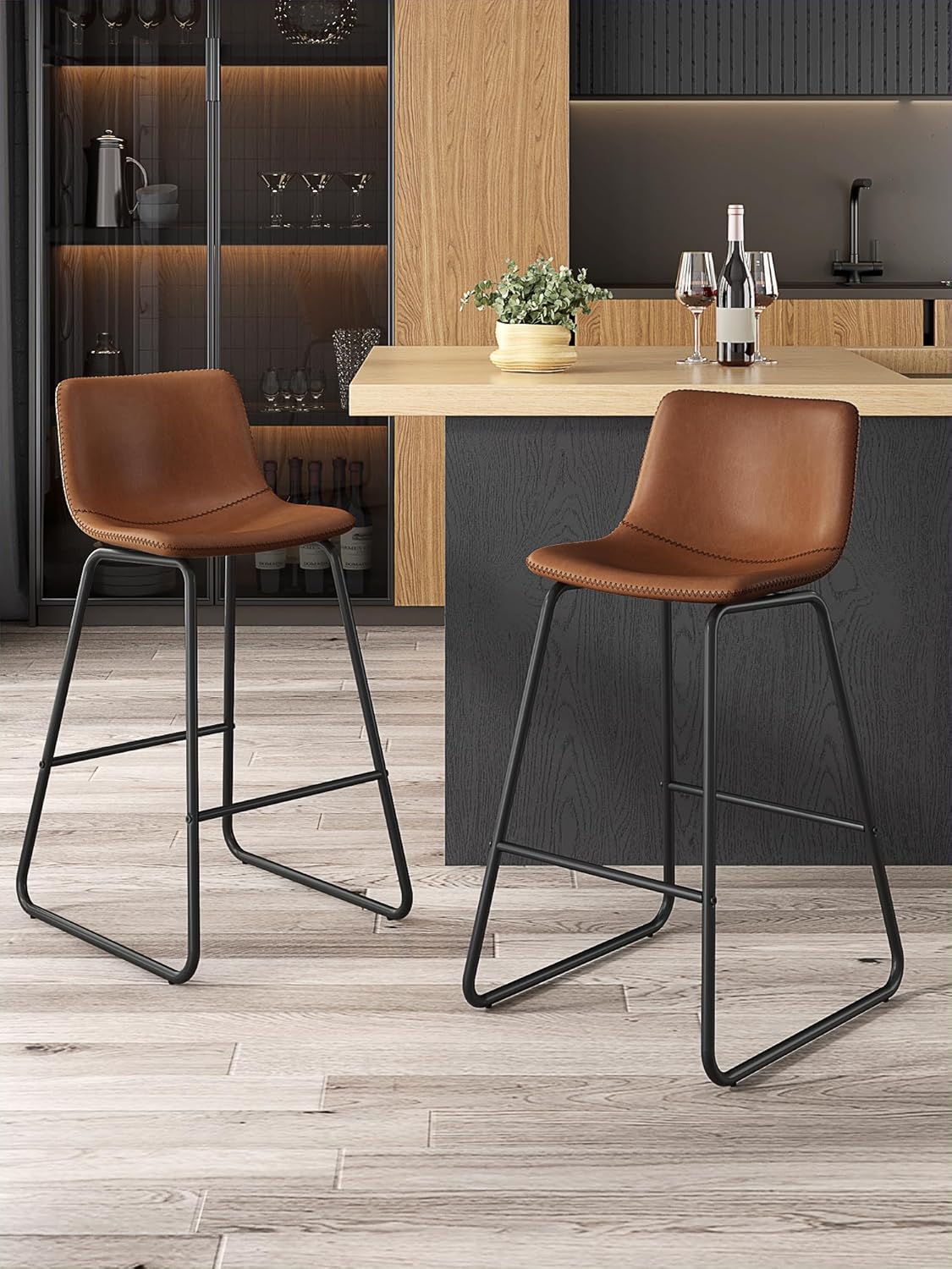 LainTene 26" Bar Stools Set of 3 – Faux Leather Counter Height Stools with Backrest & Footrest, Heavy-Duty Metal Frame for Kitchen, Bar, Living Room, Dark Brown
