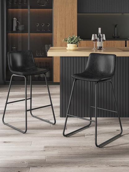 LainTene 26" Bar Stools Set of 3 – Faux Leather Counter Height Stools with Backrest & Footrest, Heavy-Duty Metal Frame for Kitchen, Bar, Living Room, Black