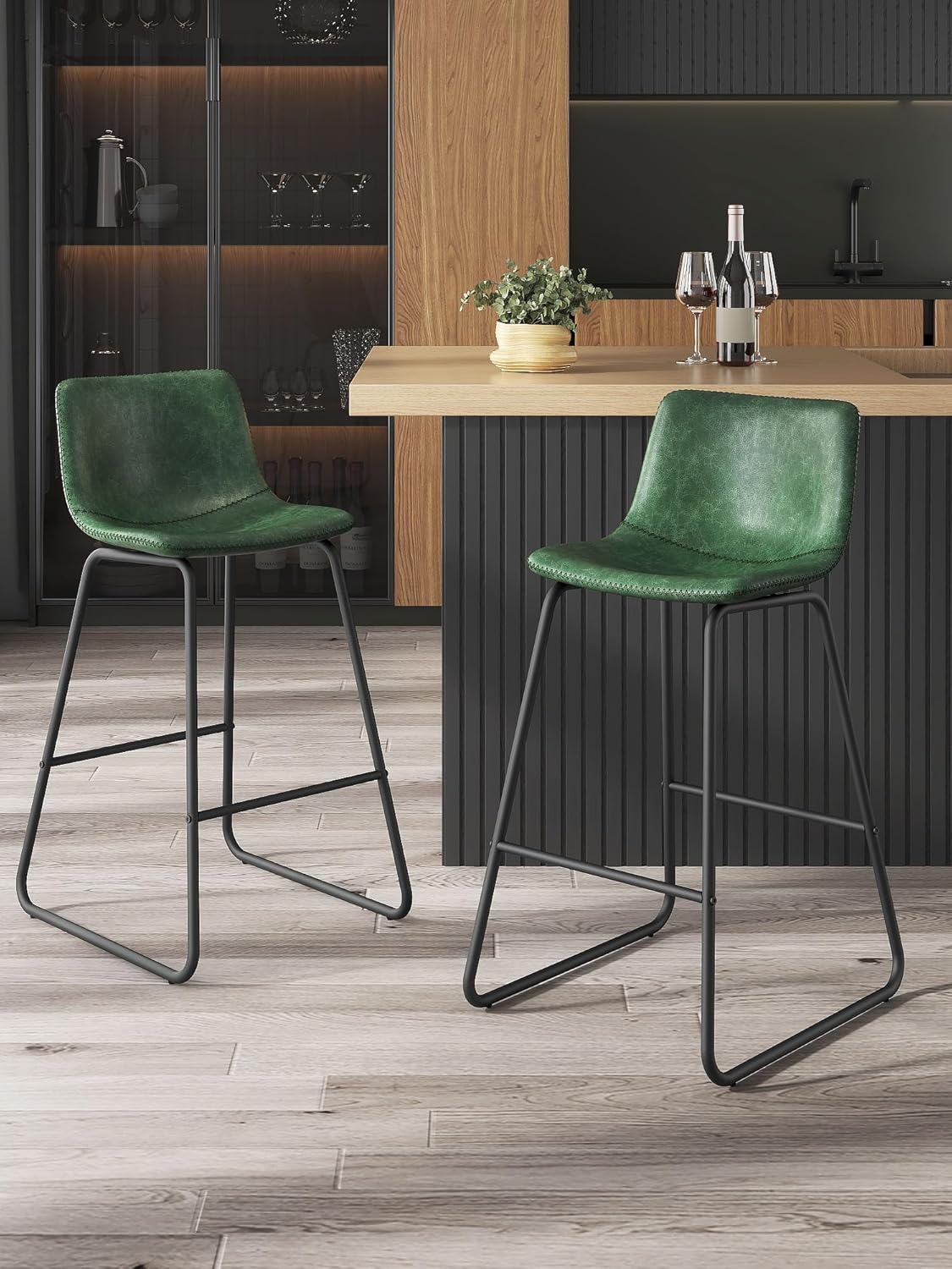 LainTene 26" Bar Stools Set of 3 – Faux Leather Counter Height Stools with Backrest & Footrest, Heavy-Duty Metal Frame for Kitchen, Bar, Living Room, Green