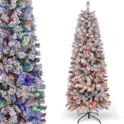 Laintene 6FT Pre-Lit Flocked Pencil Christmas Tree with 600 Tips & 200 Colored Lights, Slim Artificial Xmas Tree for Small Spaces, Metal Stand, White