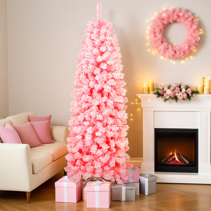 Laintene 6FT Pre-Lit Flocked Pencil Christmas Tree with 600 Tips & 200 Warm White LED Lights, Slim Artificial Xmas Tree for Small Spaces, Metal Stand, Pink