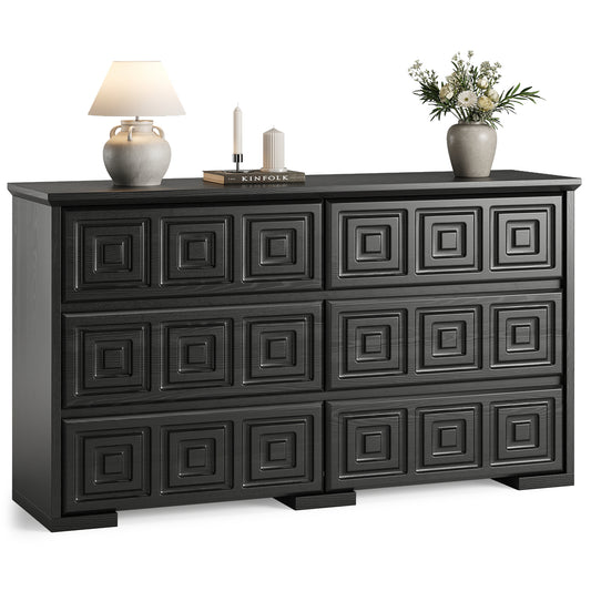 LainTene Farmhouse 6 Drawers Dresser for Bedroom, 54" Wide Wood Chest of Drawers Storage Organizer, Vintage Large Storage Dressers Organizer for Living Room, Black