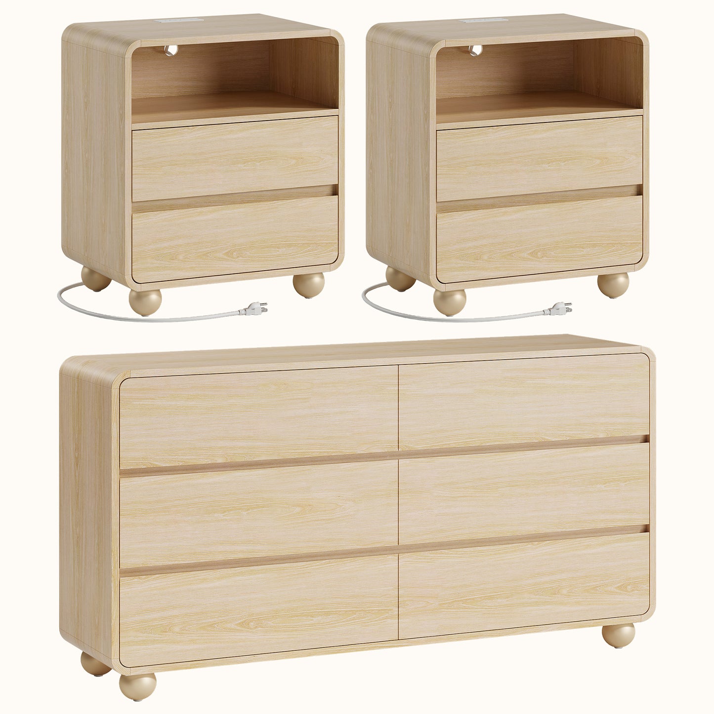 Laintene Bedroom Dresser and Nightstand 3 Piece Set - Includes Curved Double 6 Drawer Storage Dresser, Nightstand Set of 2 with Charging Station, Modern Bedroom Set, Natural