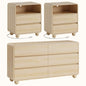 Laintene Bedroom Dresser and Nightstand 3 Piece Set - Includes Curved Double 6 Drawer Storage Dresser, Nightstand Set of 2 with Charging Station, Modern Bedroom Set, Natural