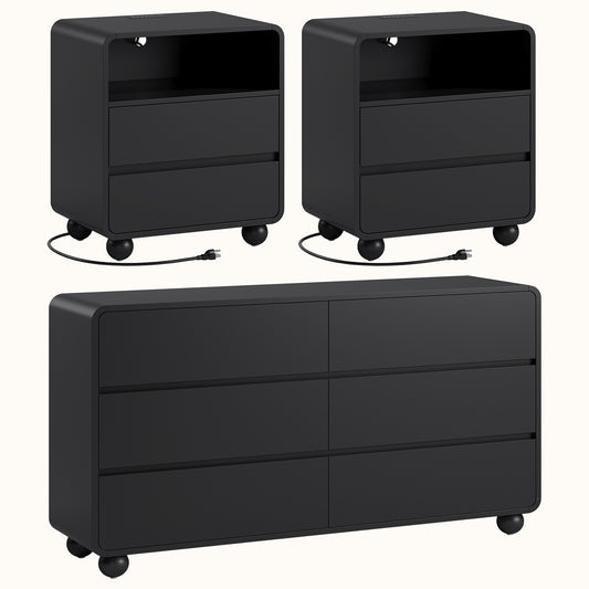 Laintene Bedroom Dresser and Nightstand 3 Piece Set - Includes Curved Double 6 Drawer Storage Dresser, Nightstand Set of 2 with Charging Station, Modern Bedroom Set, Black