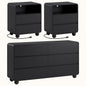 Laintene Bedroom Dresser and Nightstand 3 Piece Set - Includes Curved Double 6 Drawer Storage Dresser, Nightstand Set of 2 with Charging Station, Modern Bedroom Set, Black