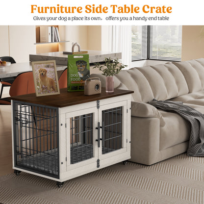 LainTene Dog Crate Furniture, Dog Kennels for Inside with Pads and Wheels, Heavy Duty Pet House for Small Medium Dogs, White