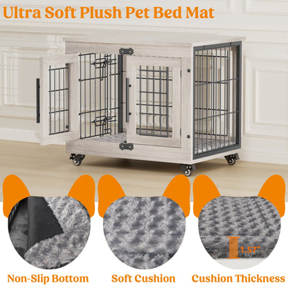 LainTene Wooden Dog Crate Furniture, Double Doors Dog Kennels for Inside with Pads and Wheels, Heavy Duty Dog Cage for Small Dogs, Gray