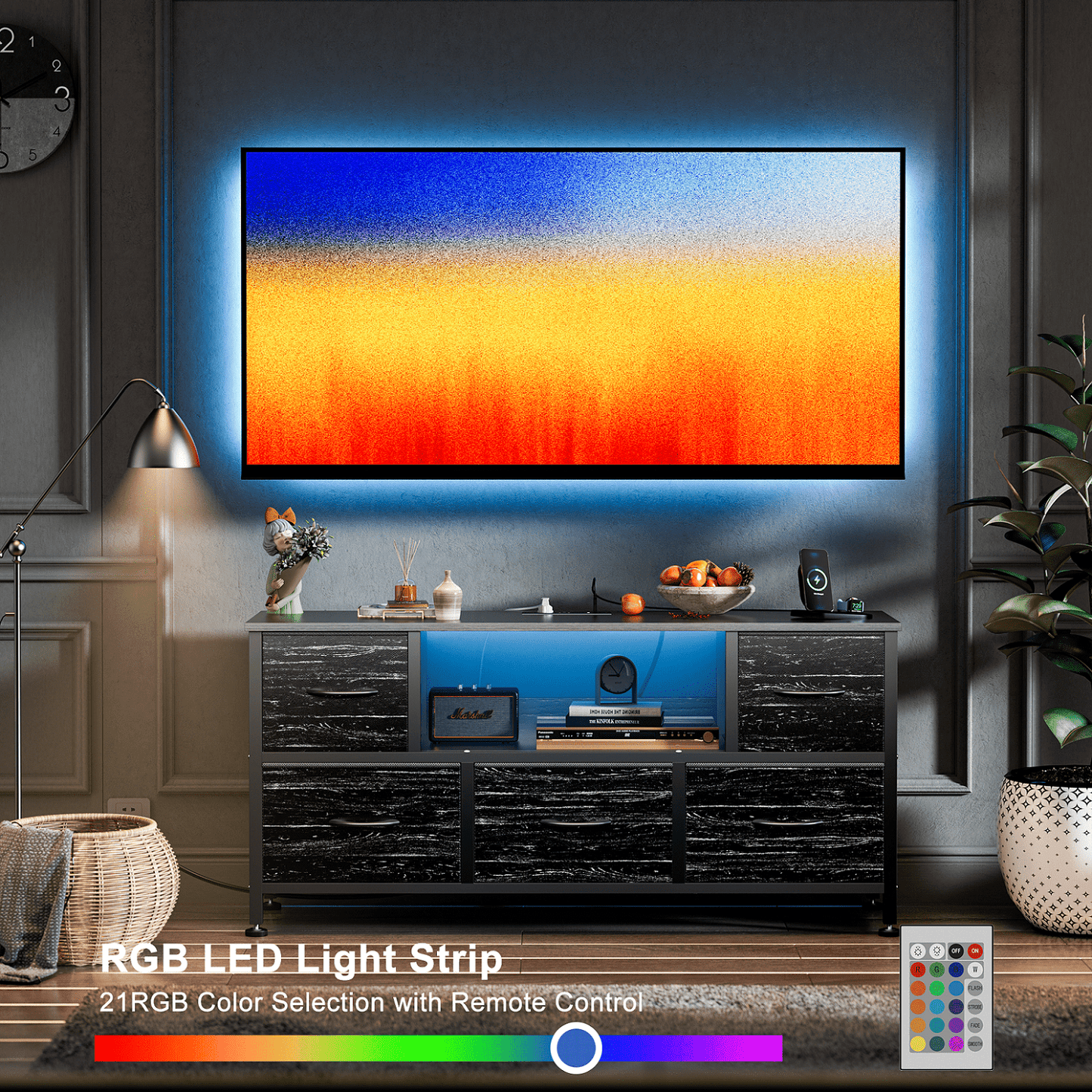 TV Stand Dresser with Power Outlets and LED Lights, 5 Drawer Console for 50 Inch TV, Dresser for Bedroom, Closet, Hallway