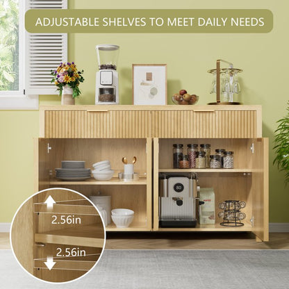 Buffet Cabinet with 2 Drawers, 55" Storage Cabinet with Fluted Panel Doors, Adjustable Shelves for Kitchen, TV Stands for Living Room, Natural Oak