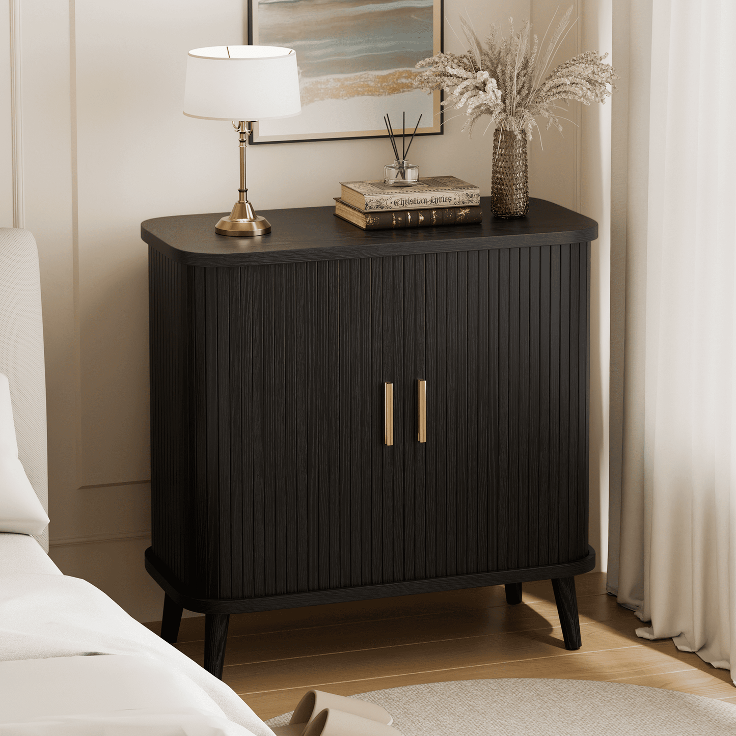 Laintene Sideboard Buffet Cabinet, Storage Cabinet with Sliding Door & Adjustable Shelf, Fluted Accent Coffee Bar for Kitchen, Entryway, Walnut Black