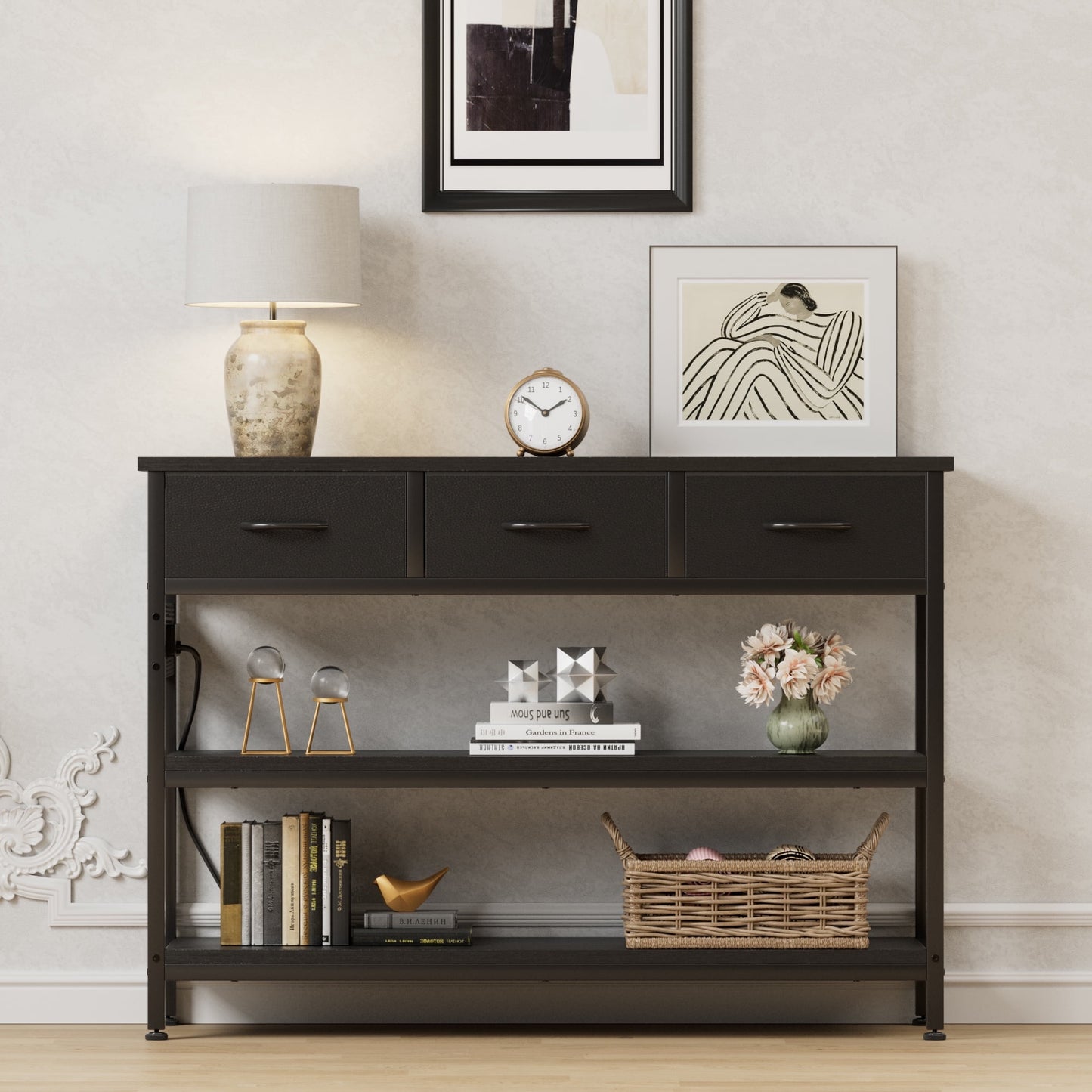 Valu4me 43.3" Console Table with Power Outlets & USB Ports, Narrow Sofa Table with 3 Fabric Drawers for Hallway, Foyer, Living Room, Black