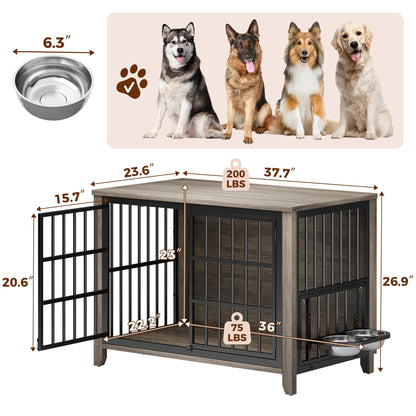 Laintene Dog Crate with Bowls, Heavy Duty Wooden Dog Crate Furniture, 37.7" Indoor Dog Kennels for Large Dogs, Gray