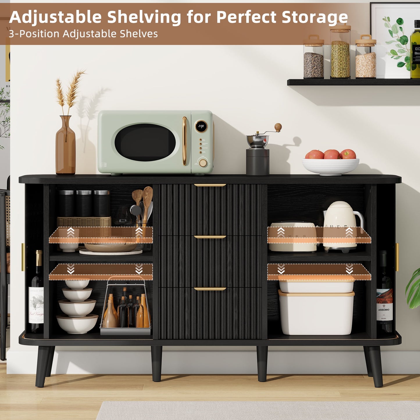 Laintene Sideboard with 3 Drawer, 55" Buffet Cabinet with 2 Sliding Tambour Doors, Modern Fluted Storage Cabinet for Kitchen, Living Room, Hallway, Black