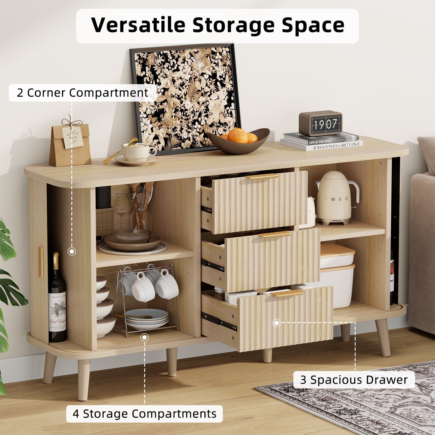 Laintene Sideboard with 3 Drawer, 55" Buffet Cabinet with 2 Sliding Tambour Doors, Modern Fluted Storage Cabinet for Kitchen, Living Room, Hallway, Natural Oak