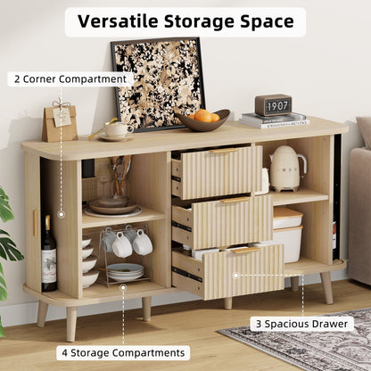Laintene Sideboard with 3 Drawer, 55" Buffet Cabinet with 2 Sliding Tambour Doors, Modern Fluted Storage Cabinet for Kitchen, Living Room, Hallway, Natural Oak