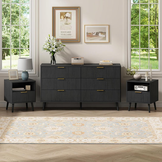 Laintene 3-Piece Boho Bedroom Set - 6-Drawer Dresser & 2 Nightstands with Drawer & USB Charging, Fluted Wooden Storage, Modern Dresser & Nightstand Combo, Black