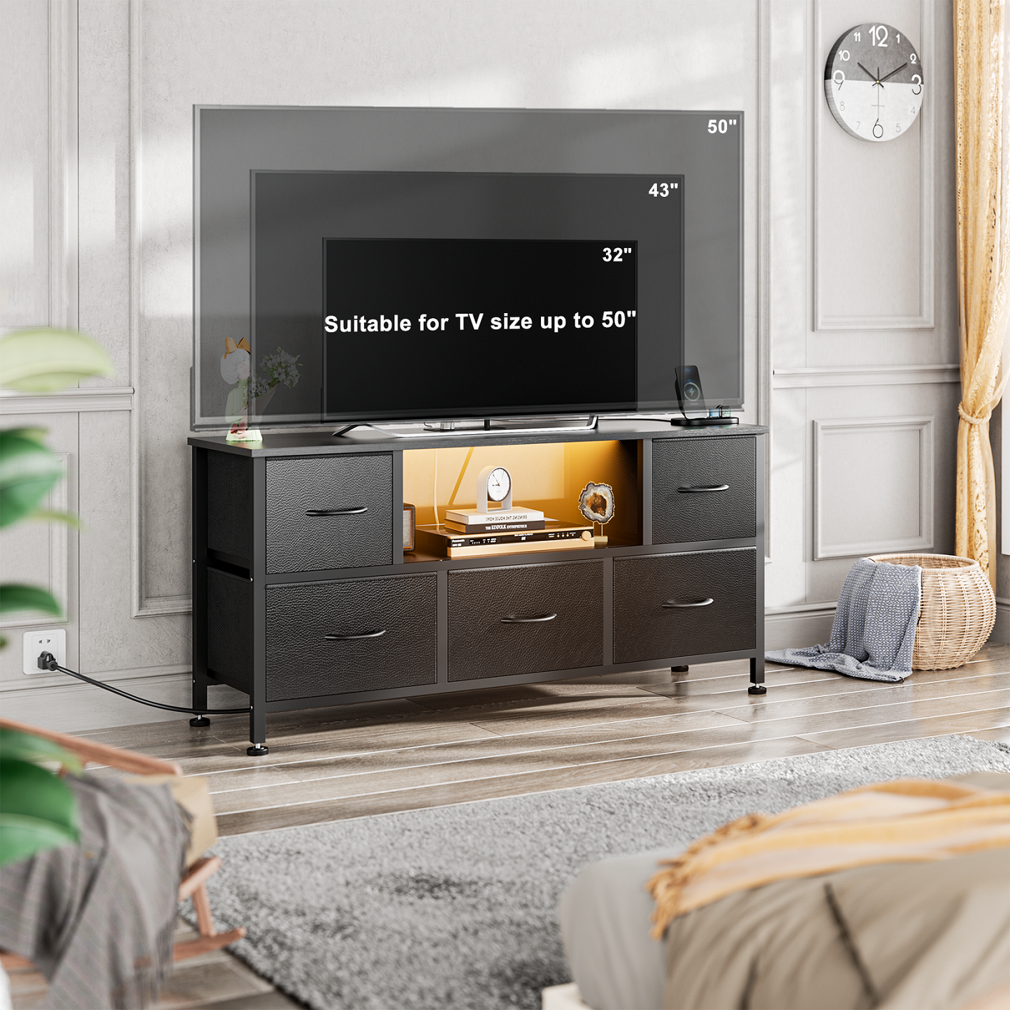 TV Stand Dresser with Power Outlets and LED Lights, 5 Drawer Console for 50 Inch TV, Dresser for Bedroom, Closet, Hallway