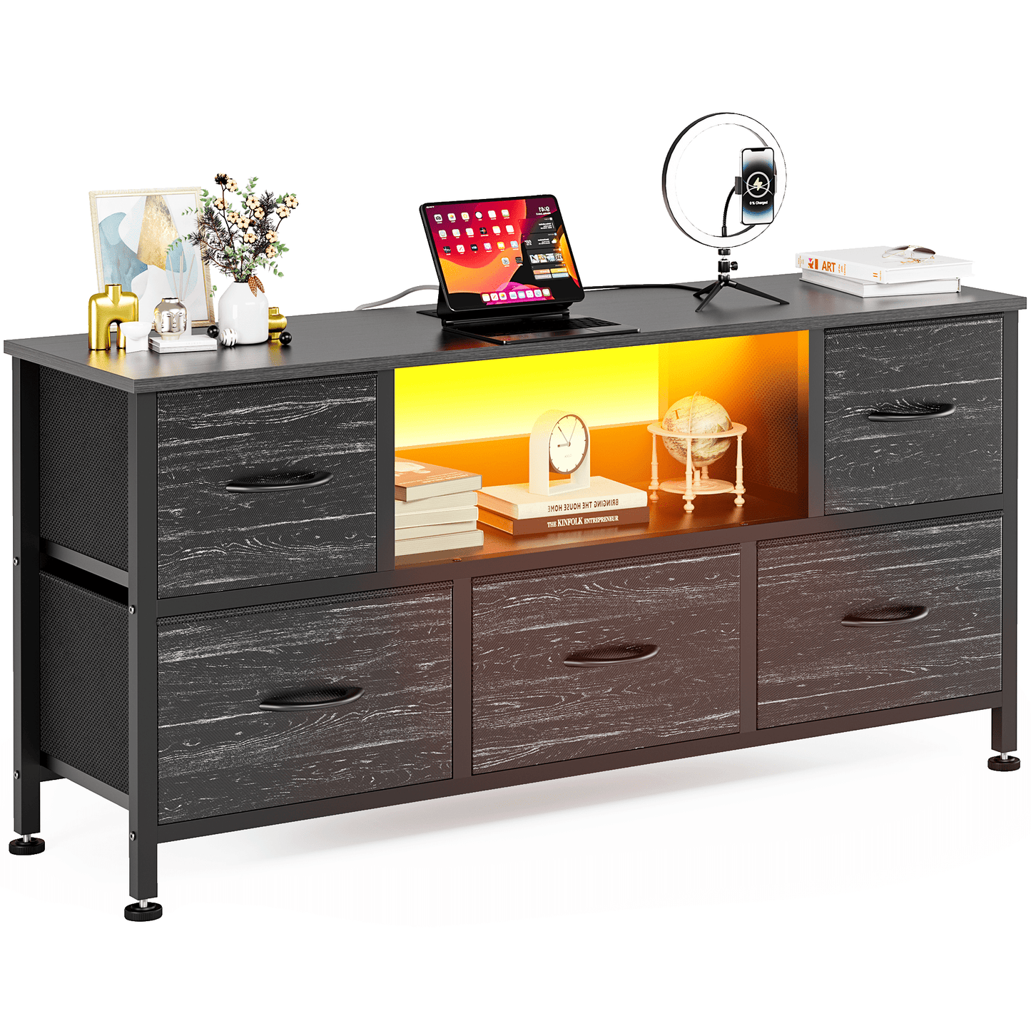 TV Stand Dresser with Power Outlets and LED Lights, 5 Drawer Console for 50 Inch TV, Dresser for Bedroom, Closet, Hallway