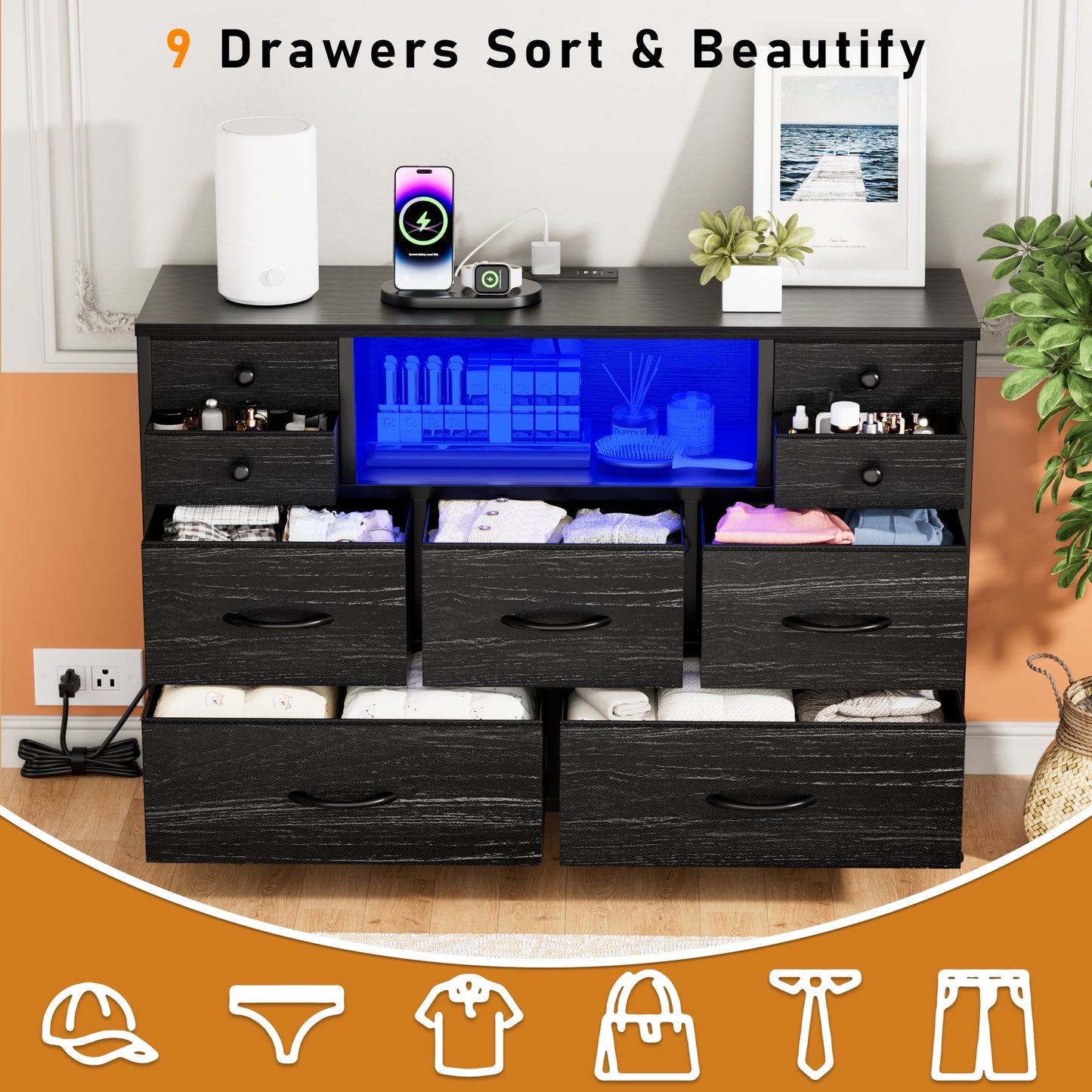Laintene Bedroom Dresser with LED Lights, 9-Drawer Fabric Chest of Drawers, Black Dresser TV Stand with Power Outlet and Side Pocket, Wide Storage Unit for up to 50" TV