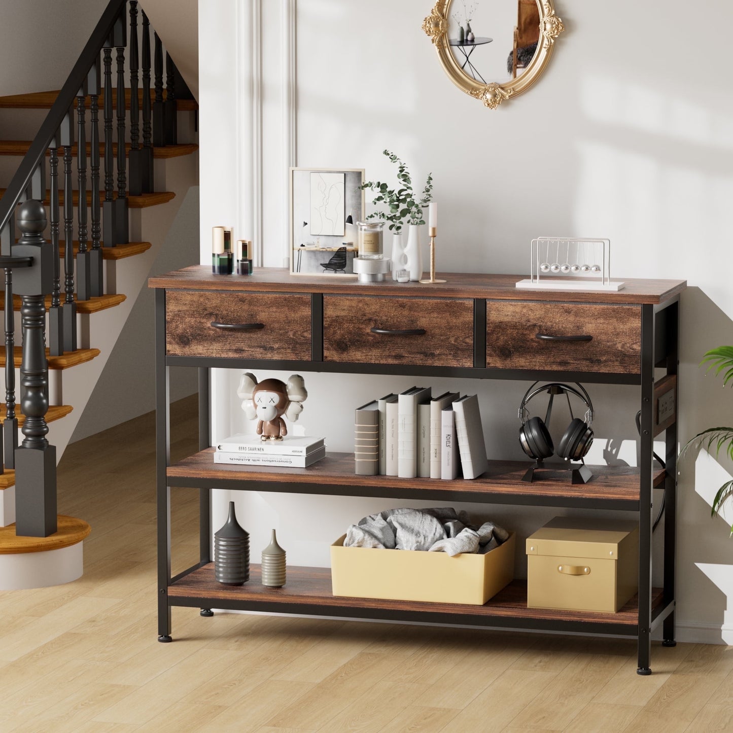 Valu4me 43.3" Console Table with Power Outlets & USB Ports, Narrow Sofa Table with 3 Fabric Drawers for Hallway, Foyer, Living Room, Rustic Brown