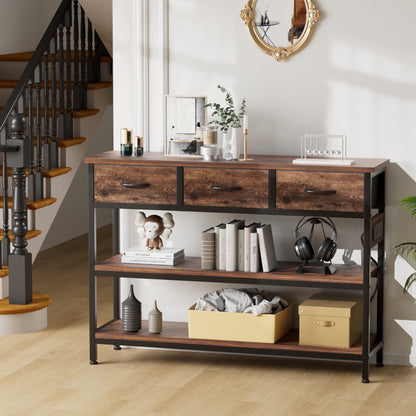 Valu4me 43.3" Console Table with Power Outlets & USB Ports, Narrow Sofa Table with 3 Fabric Drawers for Hallway, Foyer, Living Room, Rustic Brown