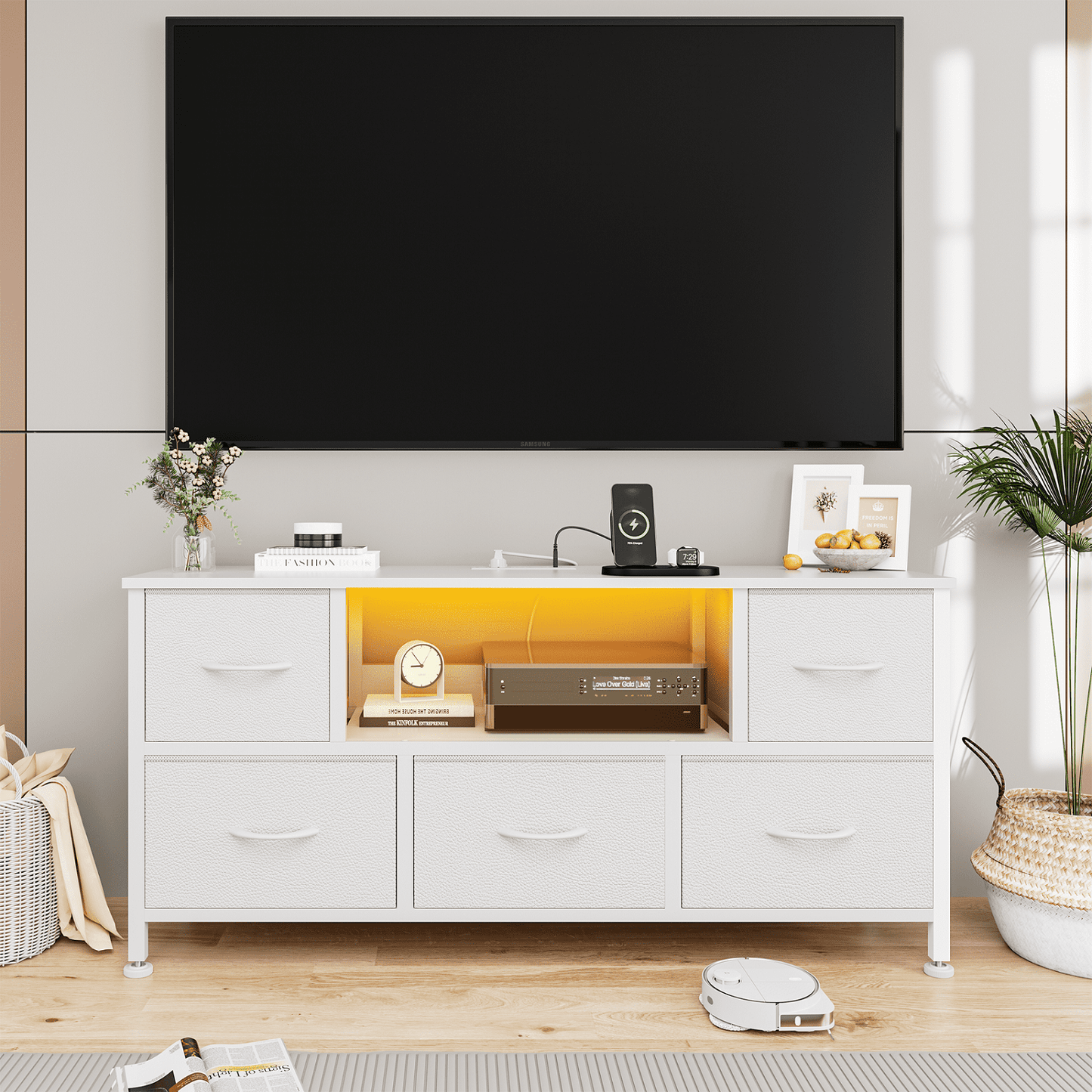 TV Stand Dresser with Power Outlets and LED Lights, 5 Drawer Console for 50 Inch TV, Dresser for Bedroom, Closet, Hallway