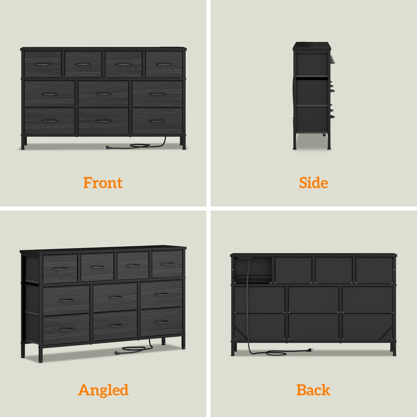 Laintene Dresser for Bedroom, TV Stand for 50" Long TV with Power Outlet, 10 Drawer Dresser for Closet, Fabric Chest of Drawers Entertainment Center for Living Room, Hallway, Entryway, Black