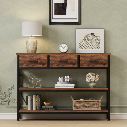 Valu4me 43.3" Console Table with Power Outlets & USB Ports, Narrow Sofa Table with 3 Fabric Drawers for Hallway, Foyer, Living Room, Rustic Brown