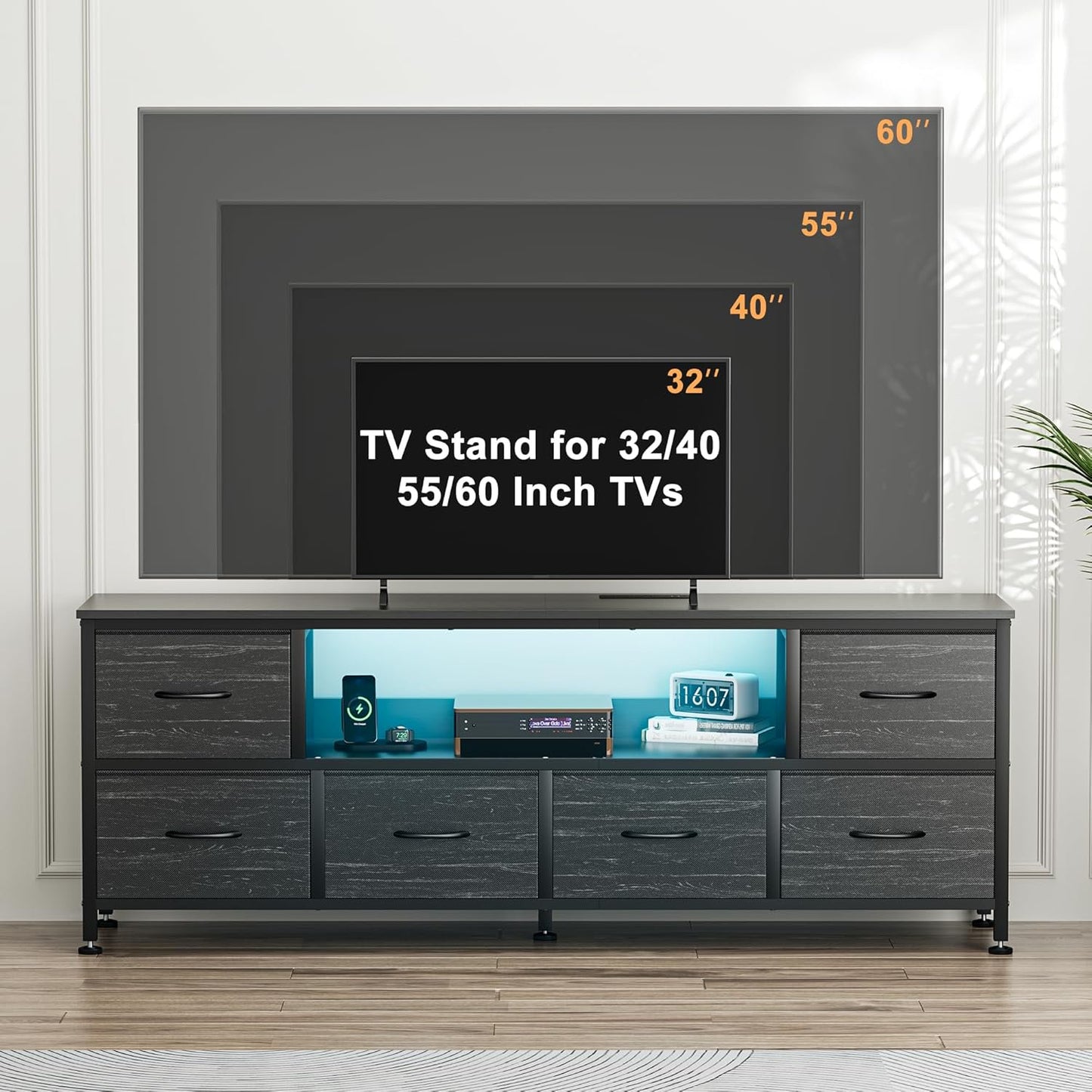 TV Stand Dresser with Power Outlets and LED Lights, 6 Drawer Console for 60 Inch TV, Dresser for Bedroom, Closet, Hallway