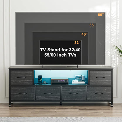 TV Stand Dresser with Power Outlets and LED Lights, 6 Drawer Console for 60 Inch TV, Dresser for Bedroom, Closet, Hallway