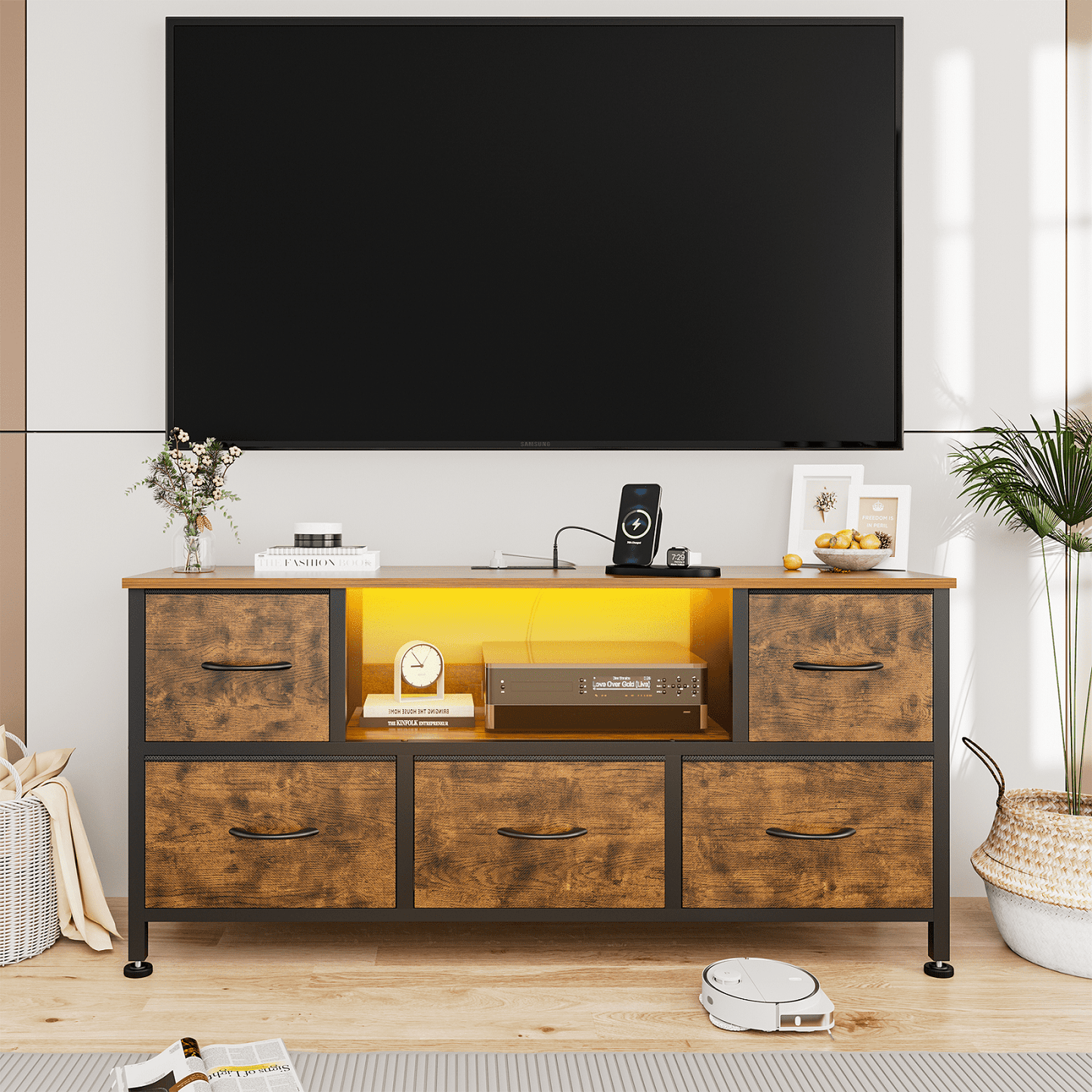 TV Stand Dresser with Power Outlets and LED Lights, 5 Drawer Console for 50 Inch TV, Dresser for Bedroom, Closet, Hallway