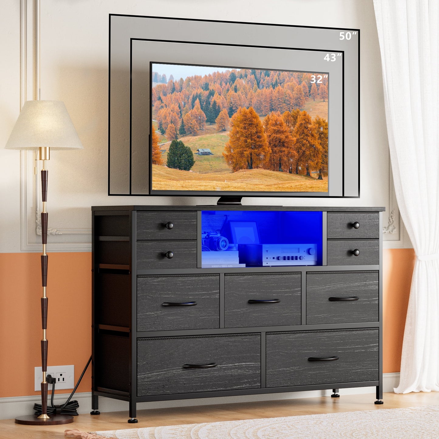 Laintene Bedroom Dresser with LED Lights, 9-Drawer Fabric Chest of Drawers, Black Dresser TV Stand with Power Outlet and Side Pocket, Wide Storage Unit for up to 50" TV