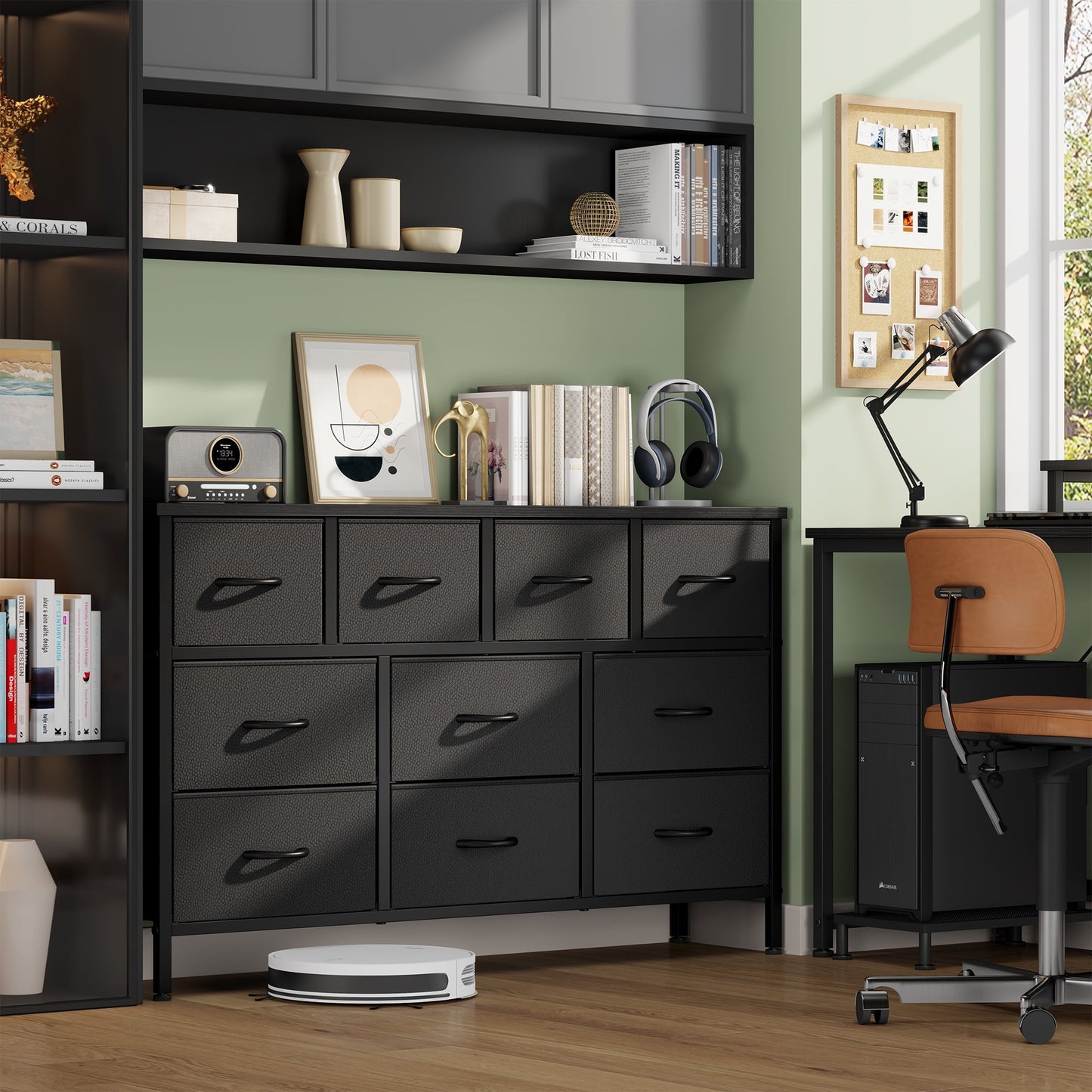 Laintene Dresser for Bedroom, TV Stand for 50" Long TV with Power Outlet, 10 Drawer Dresser for Closet, Fabric Chest of Drawers Entertainment Center for Living Room, Hallway, Entryway, PU Black