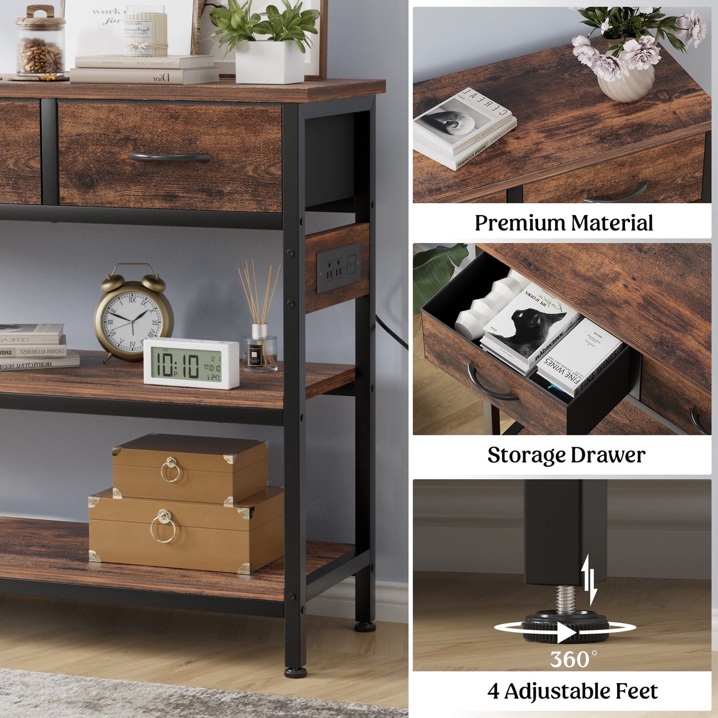 Valu4me 43.3" Console Table with Power Outlets & USB Ports, Narrow Sofa Table with 3 Fabric Drawers for Hallway, Foyer, Living Room, Rustic Brown
