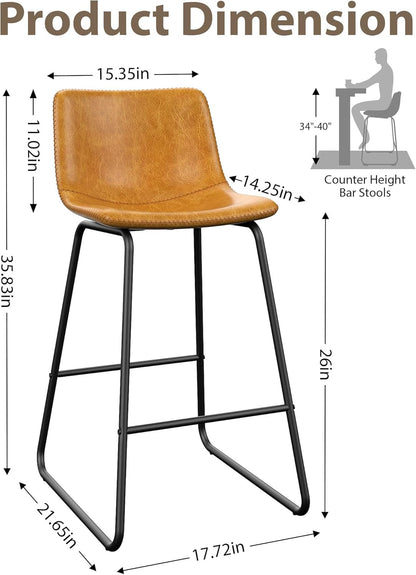 LainTene 26" Bar Stools Set of 2 – Faux Leather Counter Height Stools with Backrest & Footrest, Heavy-Duty Metal Frame for Kitchen, Bar, Living Room, Brown