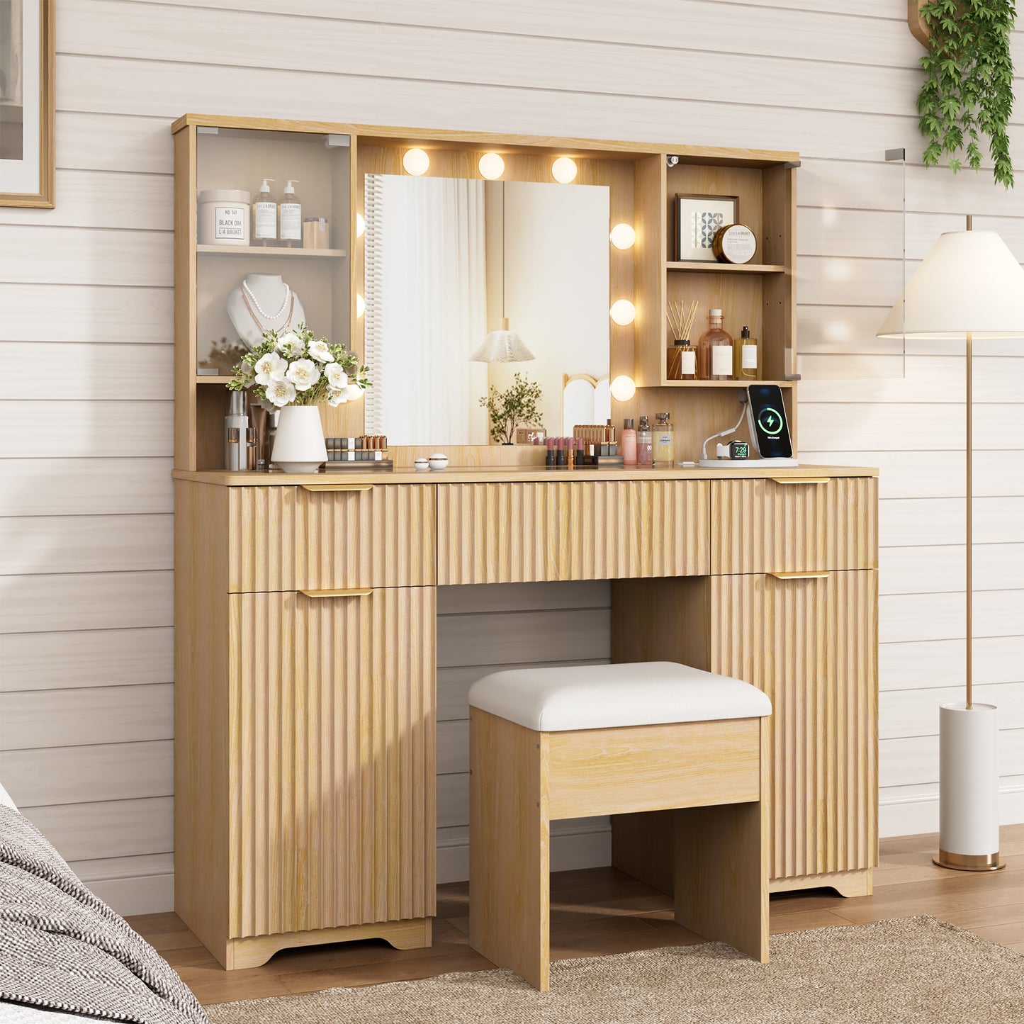 LainTene Vanity Set with Stool, Makeup Vanity Table with Lights and Mirror, Vanity Desk with 3 Drawers & 2 Large Storage Cabinets and Charging Station for Bedroom