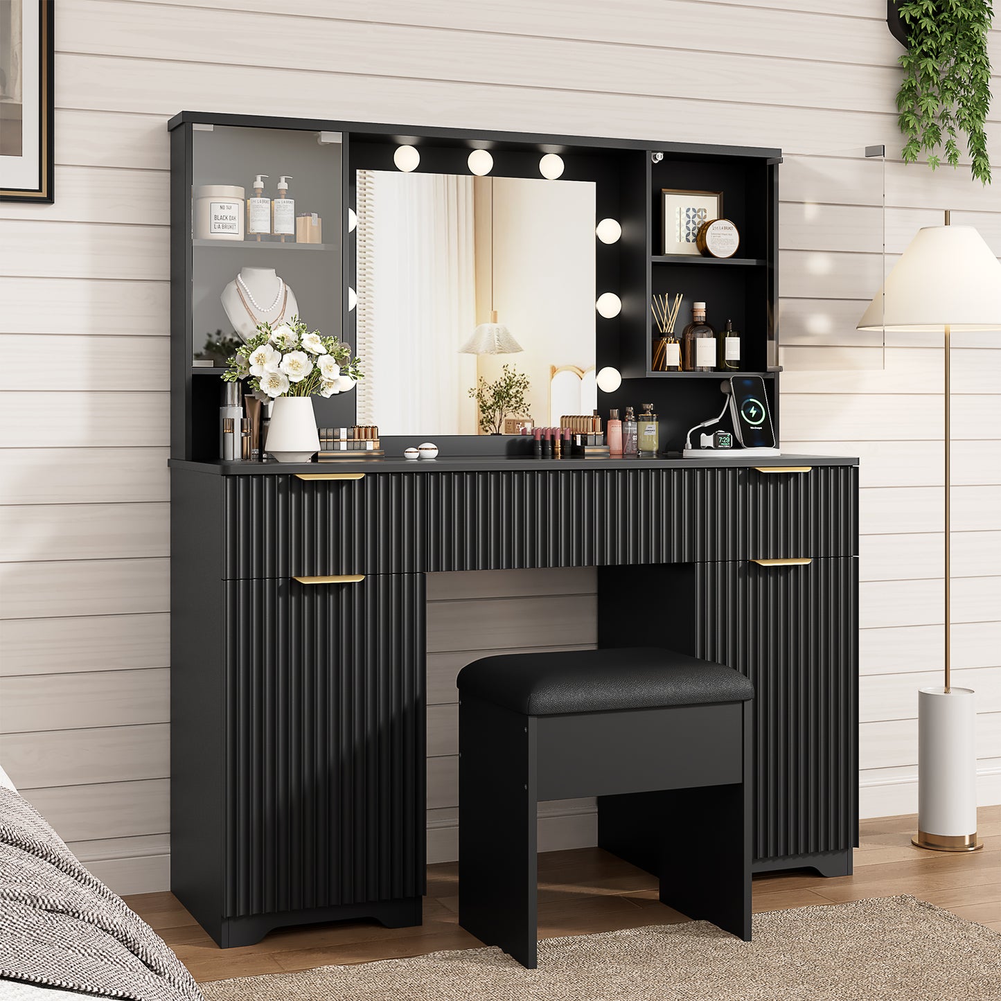 LainTene Vanity Set with Stool, Makeup Vanity Table with Lights and Mirror, Vanity Desk with 3 Drawers & 2 Large Storage Cabinets and Charging Station for Bedroom