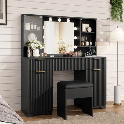 LainTene Vanity Set with Stool, Makeup Vanity Table with Lights and Mirror, Vanity Desk with 3 Drawers & 2 Large Storage Cabinets and Charging Station for Bedroom