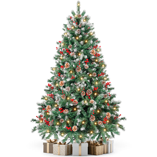 Aufelie 6ft Pre-Lit Artificial Christmas Tree, Hinged Xmas Tree with 800 Tips, 250 Warm LED Lights, 54 Pine Cones & Red Berries, for Home Office Party