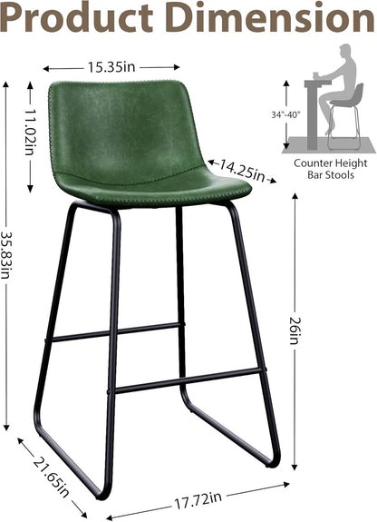 LainTene 26" Bar Stools Set of 3 – Faux Leather Counter Height Stools with Backrest & Footrest, Heavy-Duty Metal Frame for Kitchen, Bar, Living Room, Green