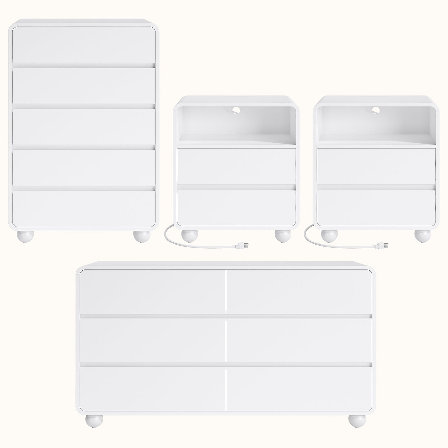 Laintene Bedroom Furniture Set - Includes 6 Drawer Dresser & 5 Drawer Dresser & 3 Drawer Nightstand Set of 2 with USB, Curved Dresser and Nightstand Sets, White