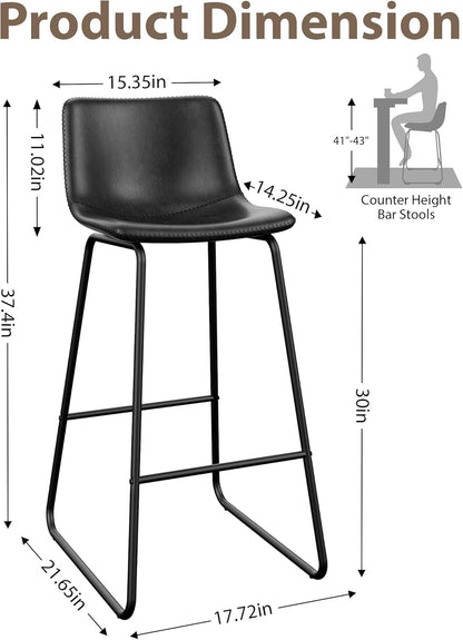 LainTene 30" Bar Stools Set of 2 – Faux Leather Counter Height Stools with Backrest & Footrest, Heavy-Duty Metal Frame for Kitchen, Bar, Living Room, Black