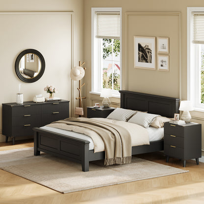 Laintene 3-Piece Boho Bedroom Set - 6-Drawer Dresser & 2 Nightstands with 3 Drawers & USB Charging, Fluted Wooden Storage, Modern Dresser & Nightstand Combo, Black