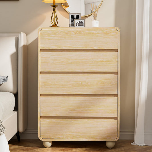 Laintene Modern 5 Drawers Dresser for Bedroom, 53" Wide Wood Dressers & Chests of Drawers w/Curved Profile Design, Mid Century Modern Dresser w/Natural Texture for Bedroom, Living Room, Natural Oak