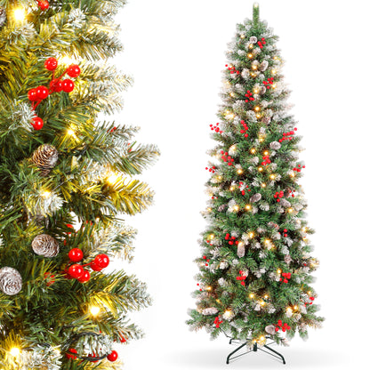 Laintene 6FT Pre-Lit Slim Pencil Christmas Tree | 200 Warm White LED Lights, 600 Tips, 40 Pine Cones & 280 Red Berries, Hinged Design for Small Spaces