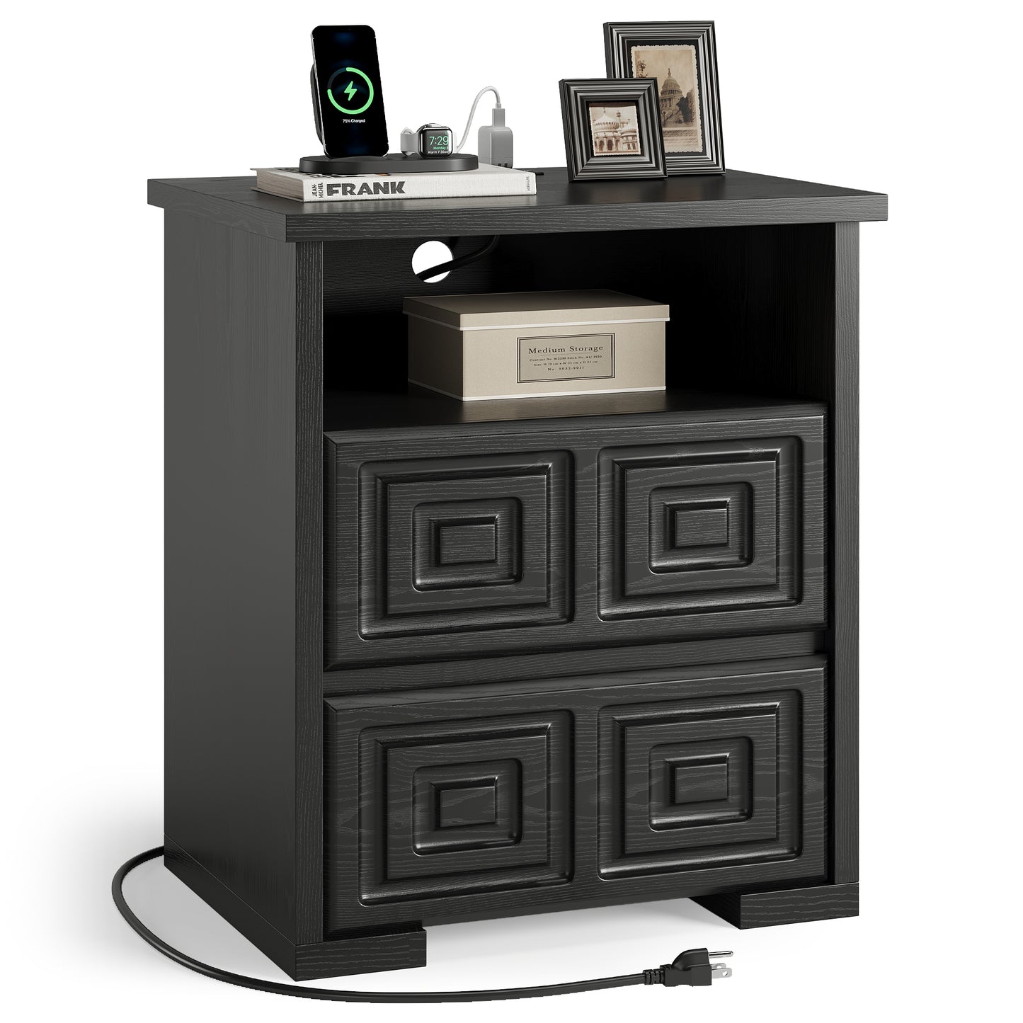Laintene Farmhouse Nightstand with Charging Station, 2 Drawers Bedside Table for Bedroom, Wood End Table with Open Shelf for Living Room