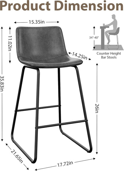 LainTene 26" Bar Stools Set of 3 – Faux Leather Counter Height Stools with Backrest & Footrest, Heavy-Duty Metal Frame for Kitchen, Bar, Living Room, Gray