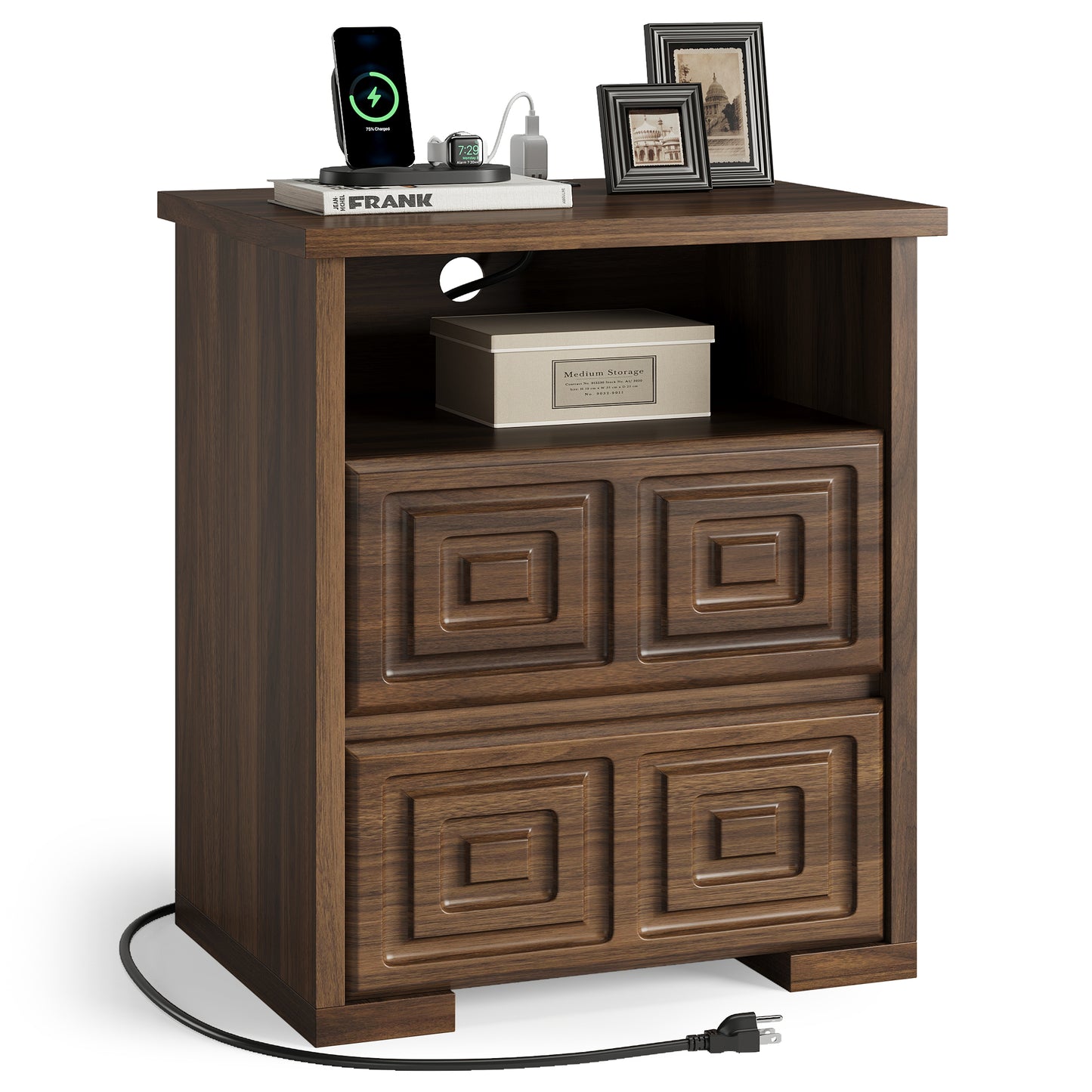 Laintene Farmhouse Nightstand with Charging Station, 2 Drawers Bedside Table for Bedroom, Wood End Table with Open Shelf for Living Room, Walnut