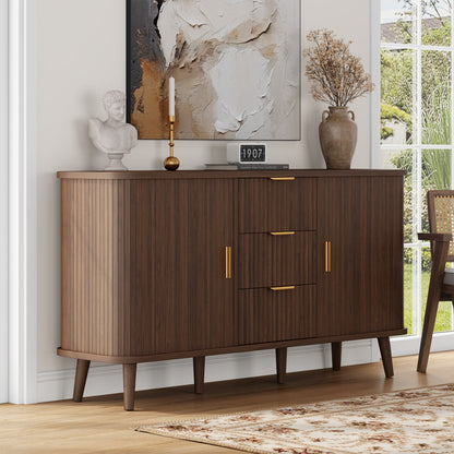 Laintene Sideboard with 3 Drawer, 55" Buffet Cabinet with 2 Sliding Tambour Doors, Modern Fluted Storage Cabinet for Kitchen, Living Room, Hallway, Walnut
